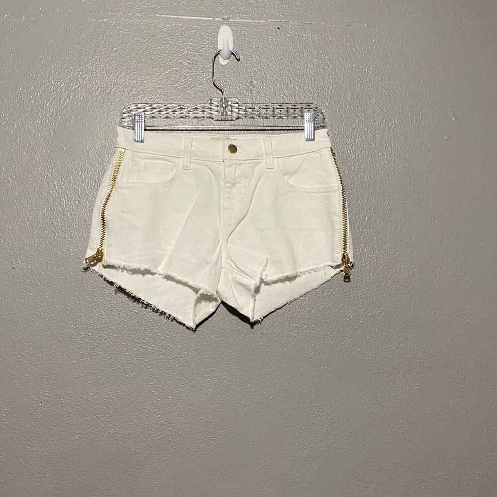 L'Agence Audrey White Denim Shorts Gold Side Zipper Frayed Cutoff NWT 25